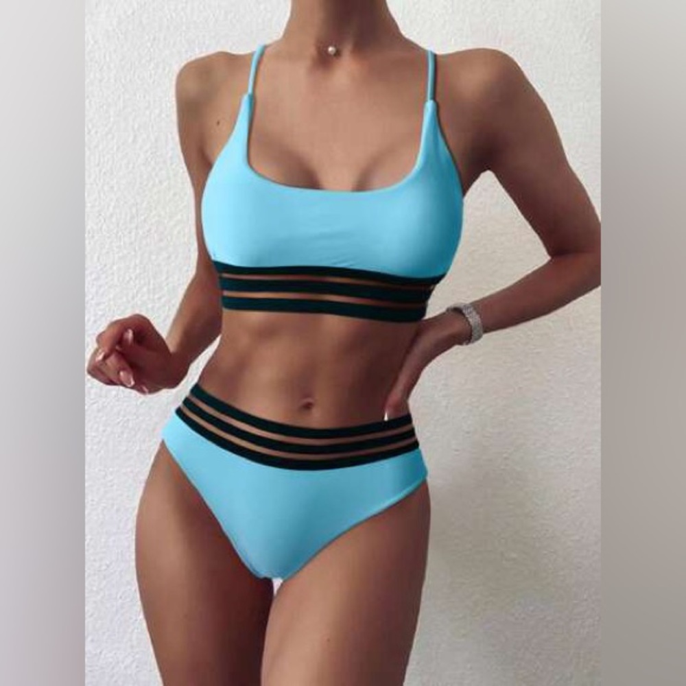 SHEIN Blue & Black Mesh-Waist Bikini Set – Size L (NWOT)